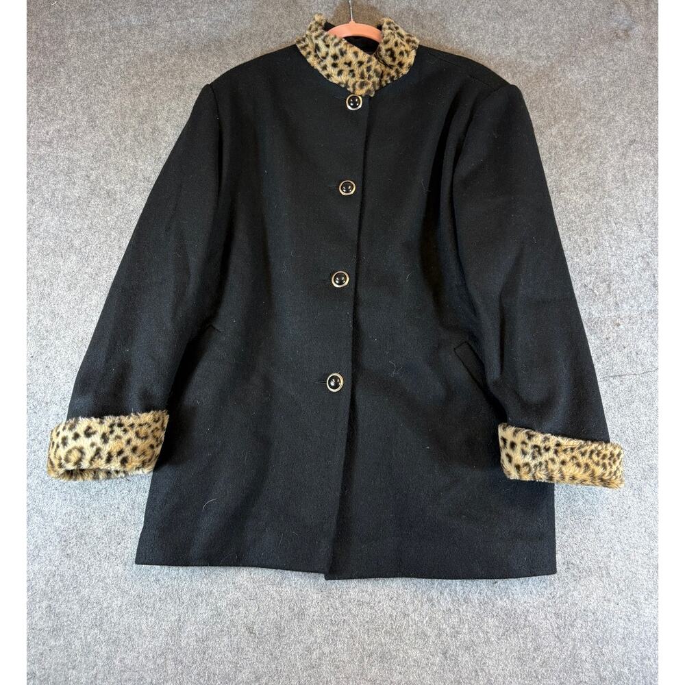 VTG Herman Kay Coat Womens Medium Black Wool Faux Fur Leopard Stroller Jacket